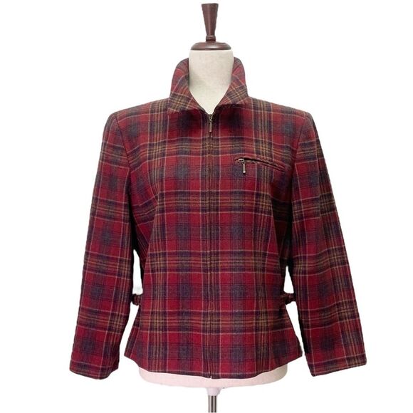 Pendleton Knockabouts Virgin Wool Zip Front Jacket Burgundy Blue Plaid Size 10 - Picture 1 of 16
